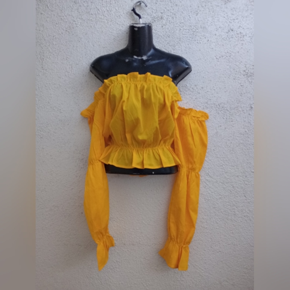 Yellow Ruffled Off-the-Shoulder Top Long Sleeve Vibrant Colorful Casual Party